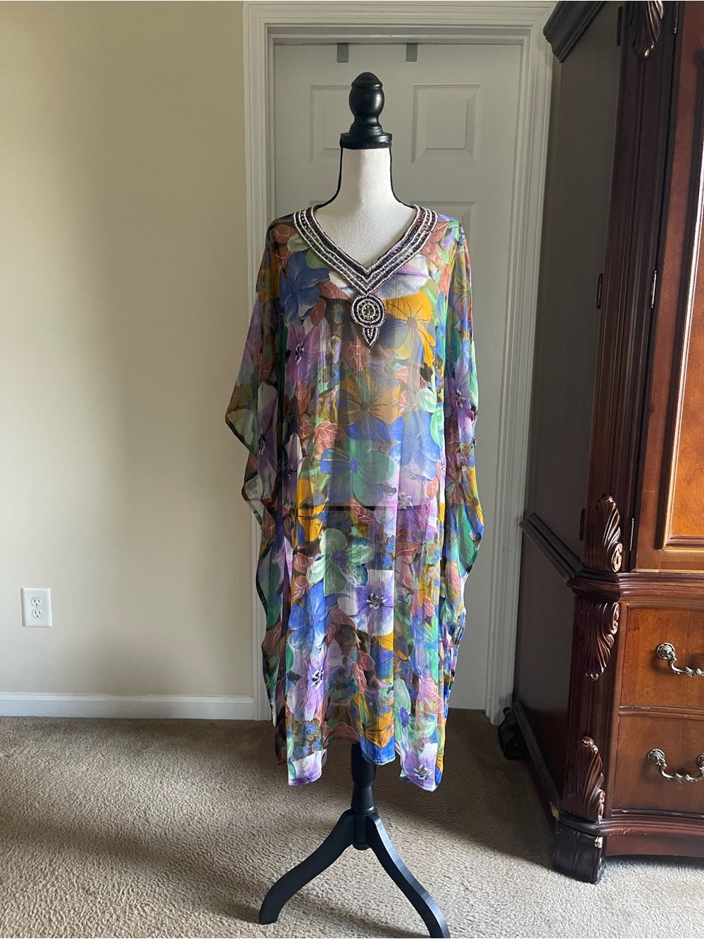 Floral Sheer Caftan Tunic with Beaded Neckline - Multicolor